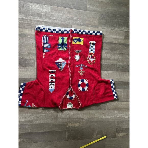 Quacker Factory Nautical Knit Sweater button Cardigan Red L lighthouse boat - Picture 12 of 13